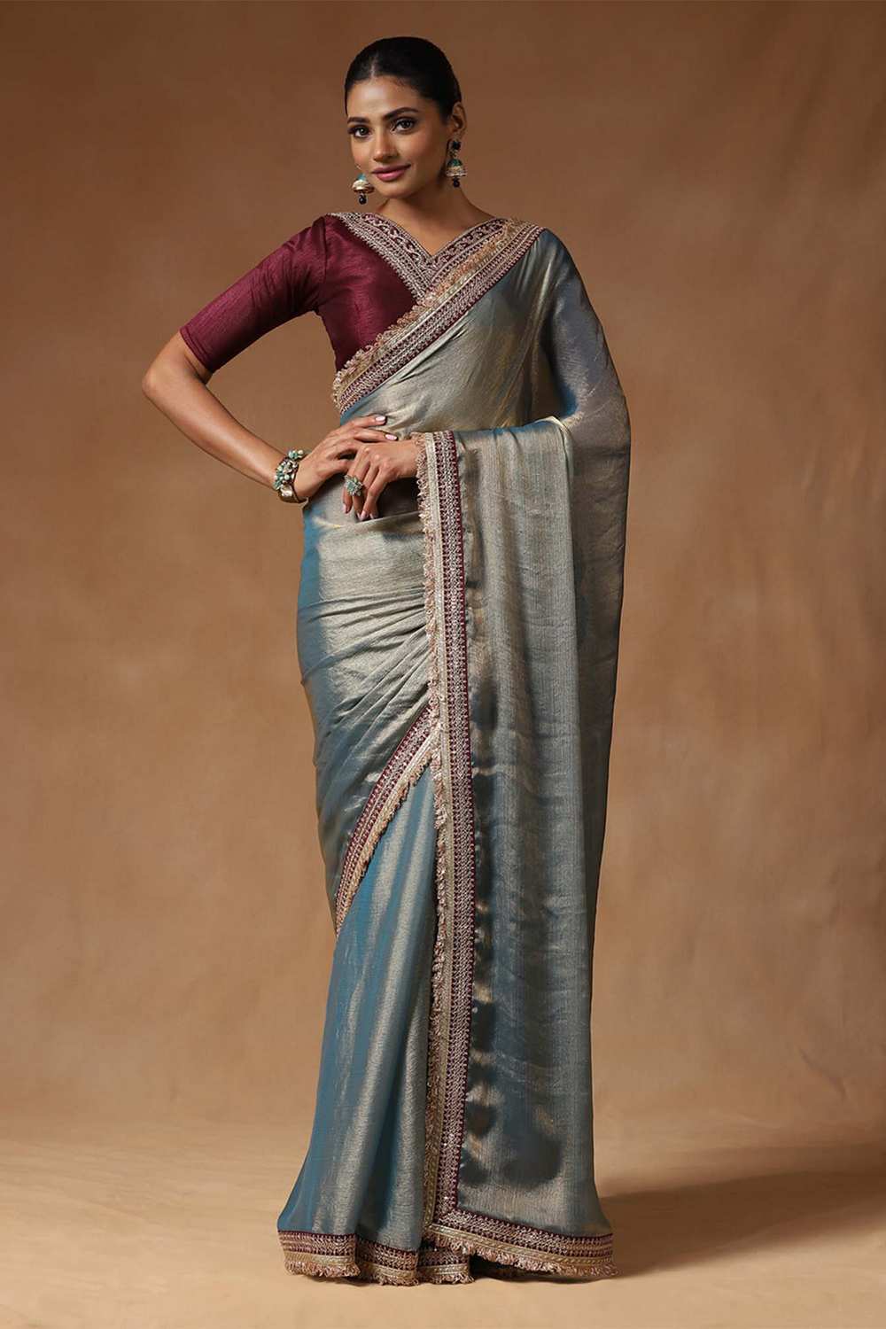 Mena Teal Blue Metallic Shimmer Chiffon One Minute Saree