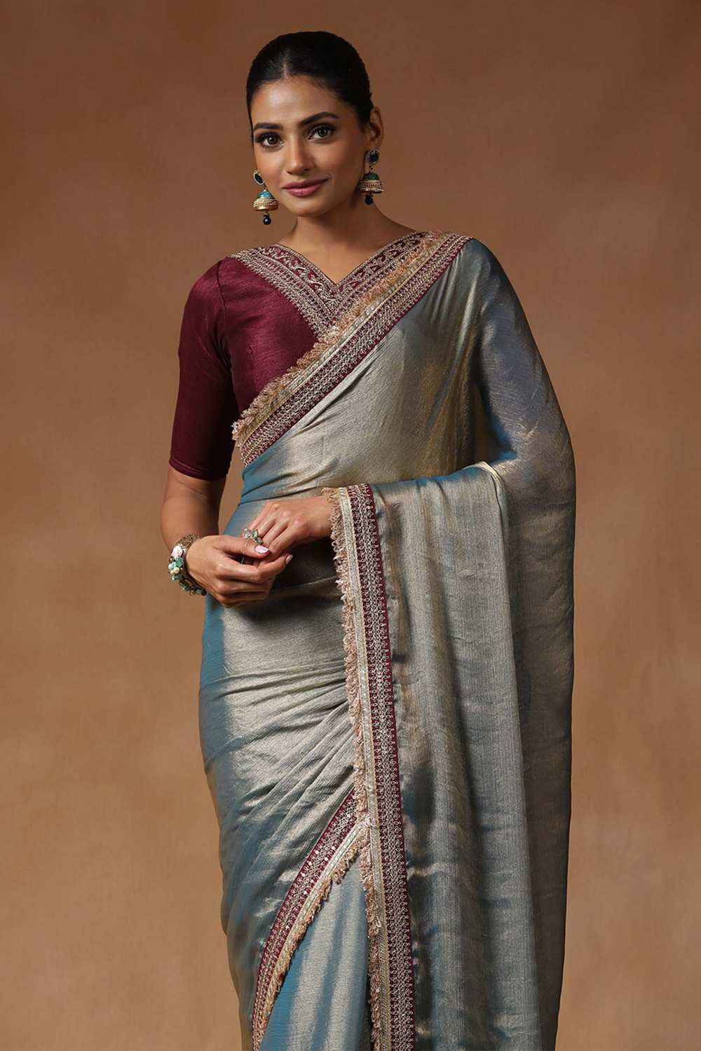 Mena Teal Blue Metallic Shimmer Chiffon One Minute Saree