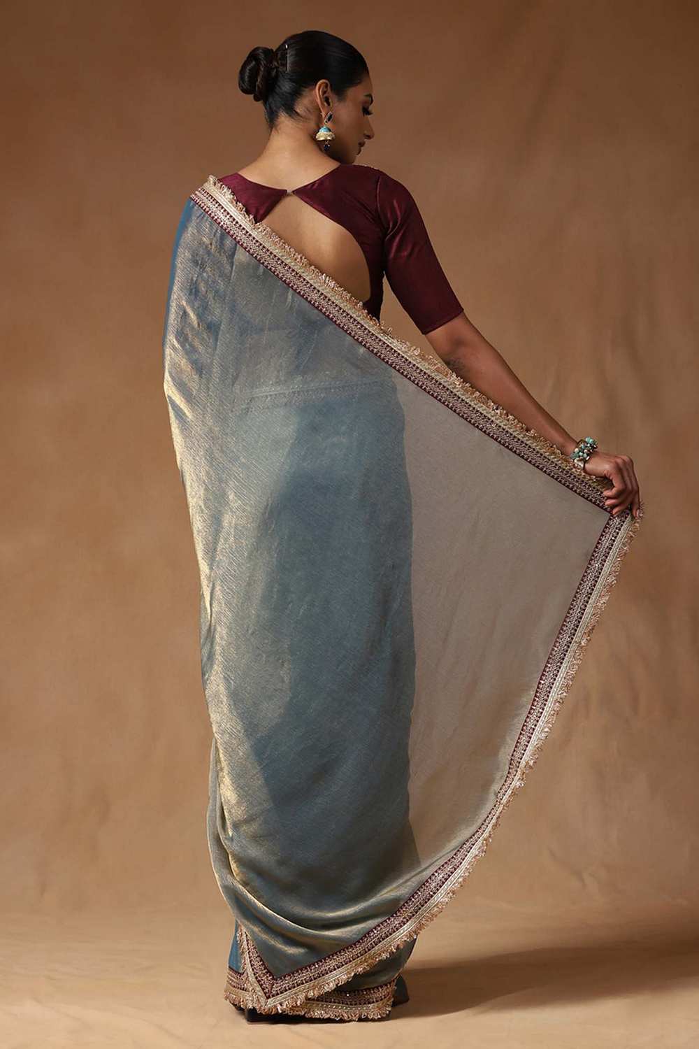 Mena Teal Blue Metallic Shimmer Chiffon One Minute Saree
