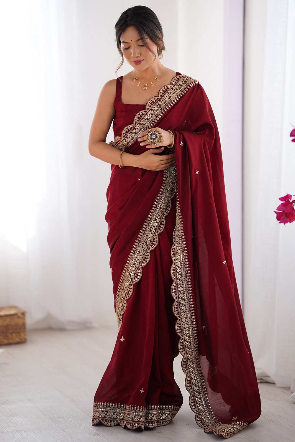 Prerna Maroon Vichitra Silk Embellished Ready To Wear One Minute Saree
