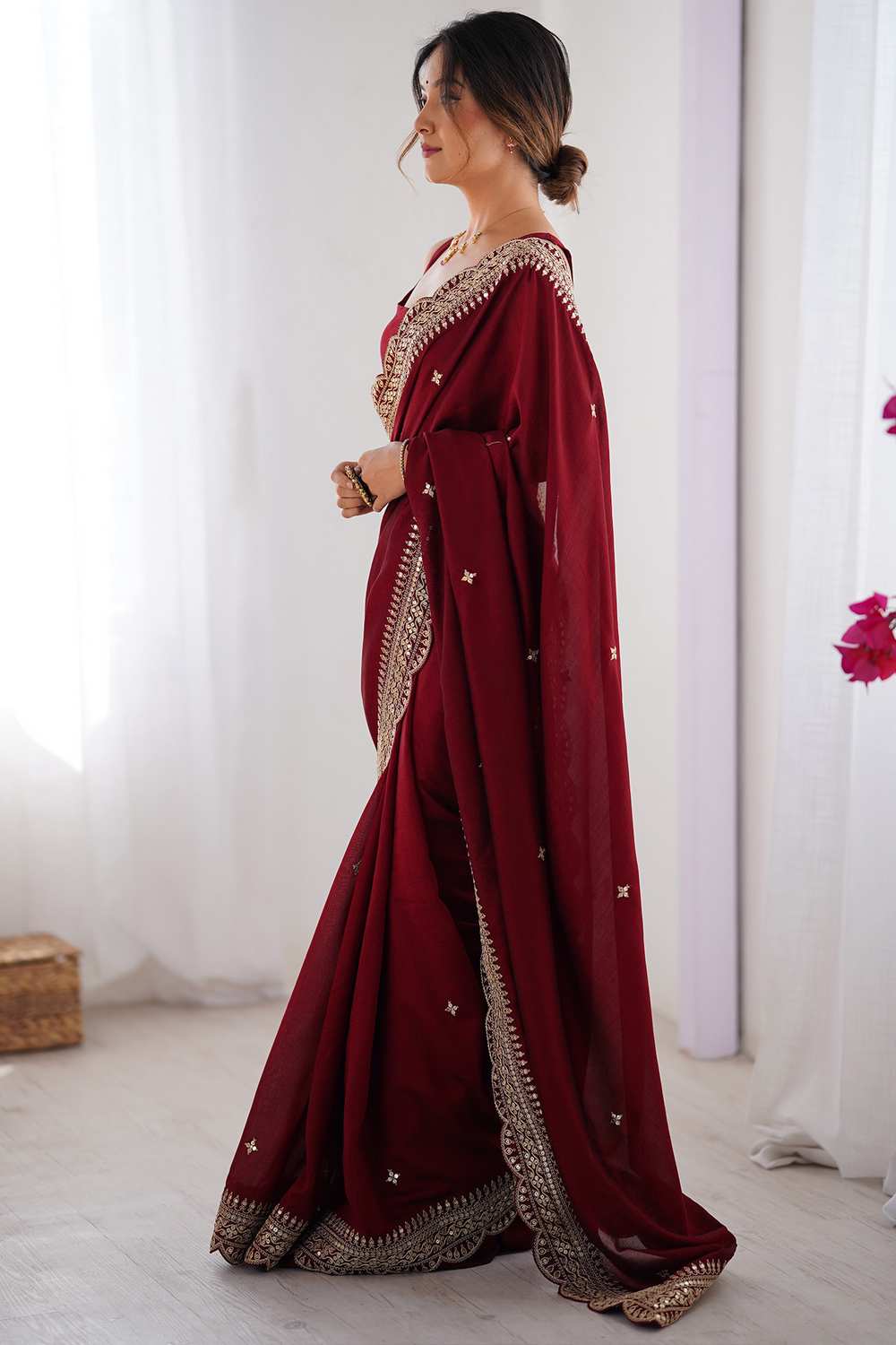 Prerna Maroon Vichitra Silk Embellished Ready To Wear One Minute Saree