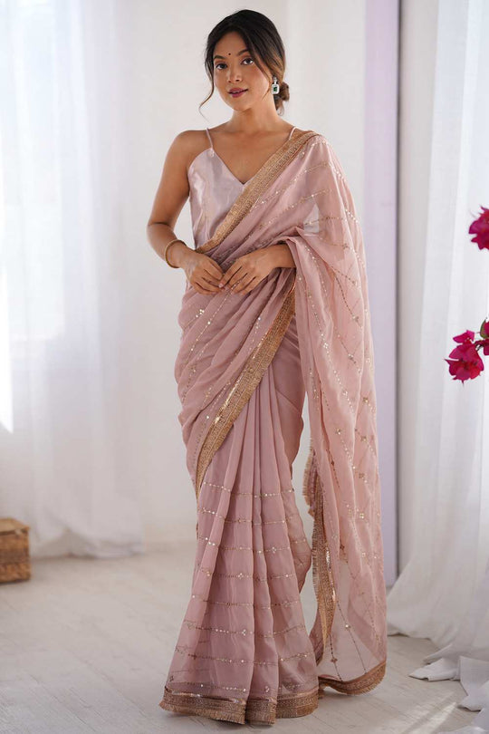 Sheena Beige Organza Embellished Ready To Wear One Minute Saree