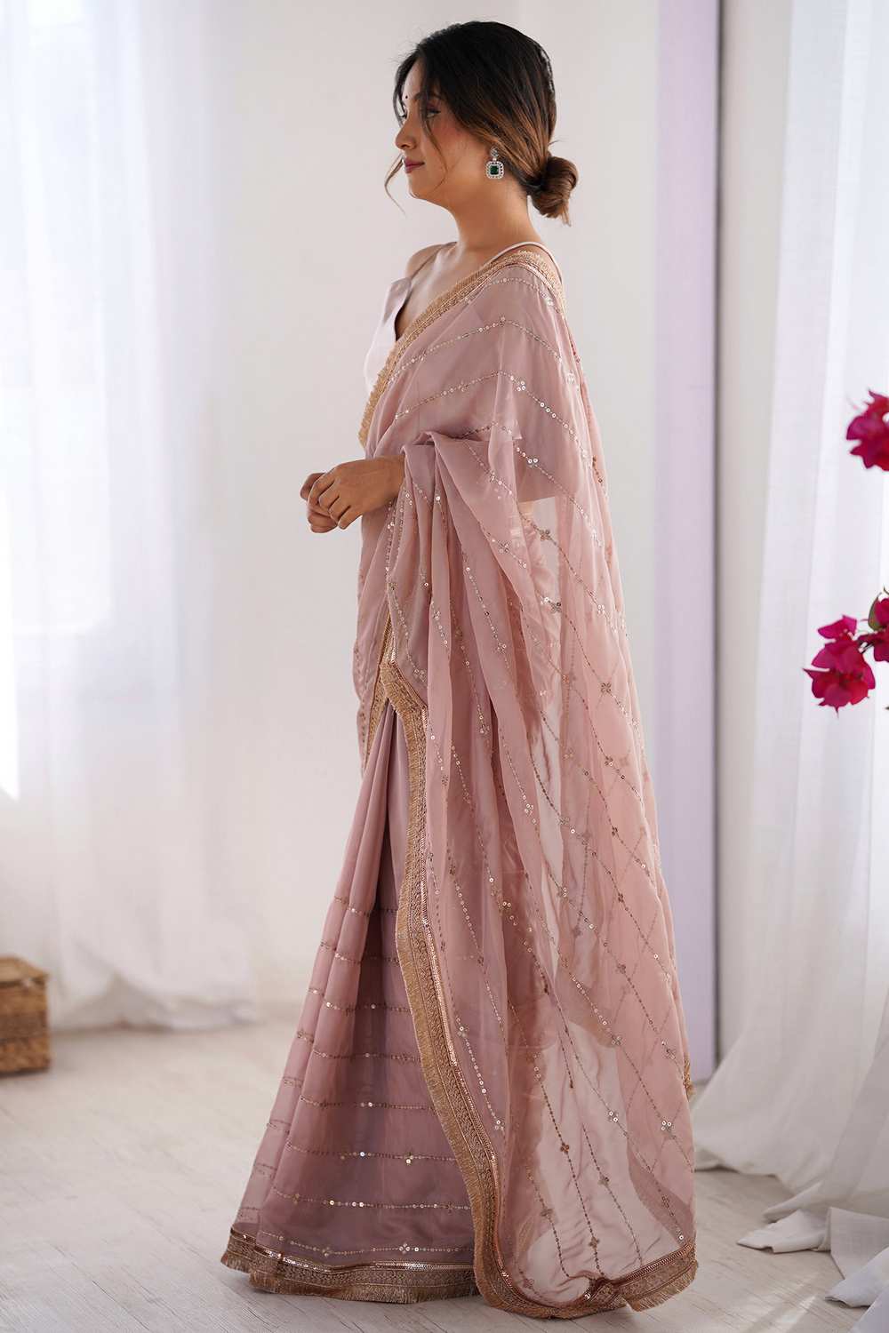 Sheena Beige Organza Embellished Ready To Wear One Minute Saree