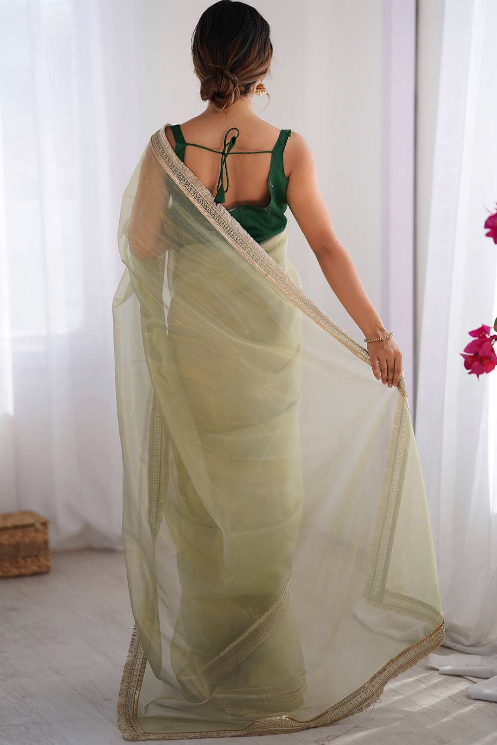 Shari Light Green Net Embellished Ready To Wear One Minute Saree