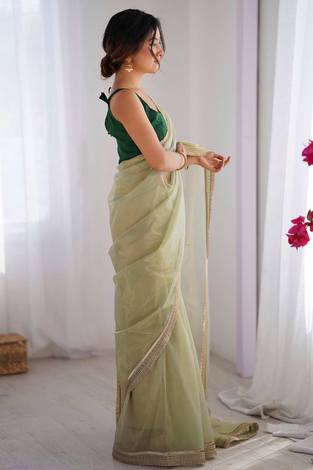 Shari Light Green Net Embellished Ready To Wear One Minute Saree