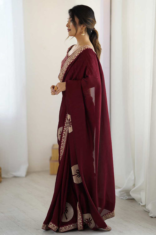 Jaya Maroon Vichitra Silk Embroidered Ready To Wear One Minute Saree