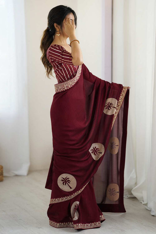 Jaya Maroon Vichitra Silk Embroidered Ready To Wear One Minute Saree