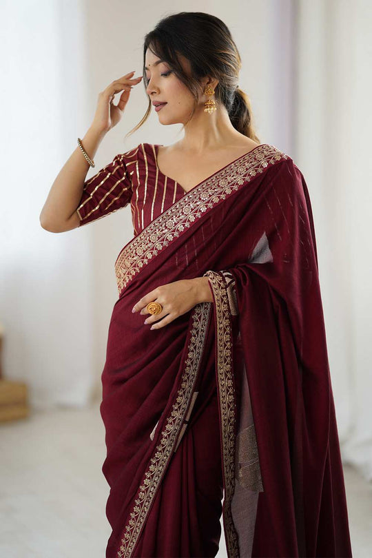 Jaya Maroon Vichitra Silk Embroidered Ready To Wear One Minute Saree