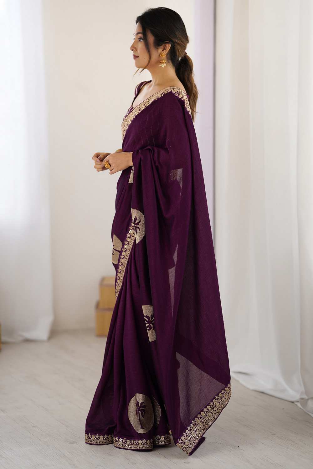 Jaya Purple Vichitra Silk Embroidered Ready To Wear One Minute Saree