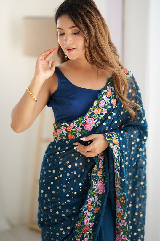 Isabella Teal Blue Georgette with Sequins & Floral Work One Minute Saree