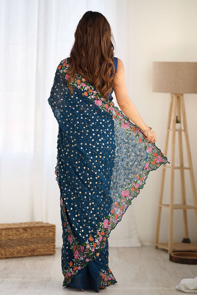 Isabella Teal Blue Georgette with Sequins & Floral Work One Minute Saree