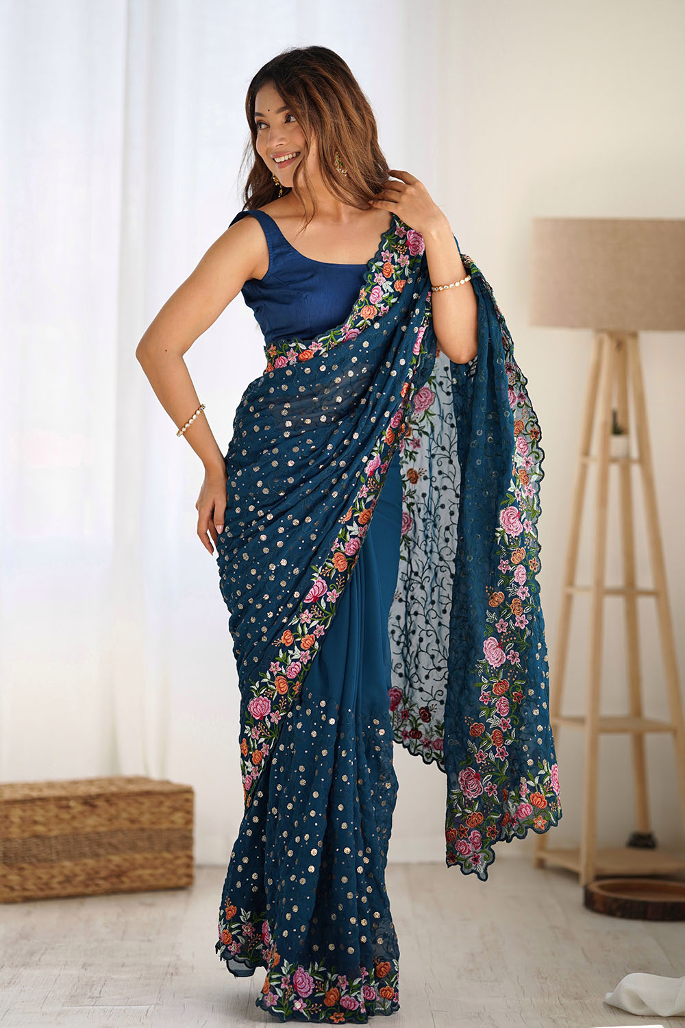 Isabella Teal Blue Georgette with Sequins & Floral Work One Minute Saree