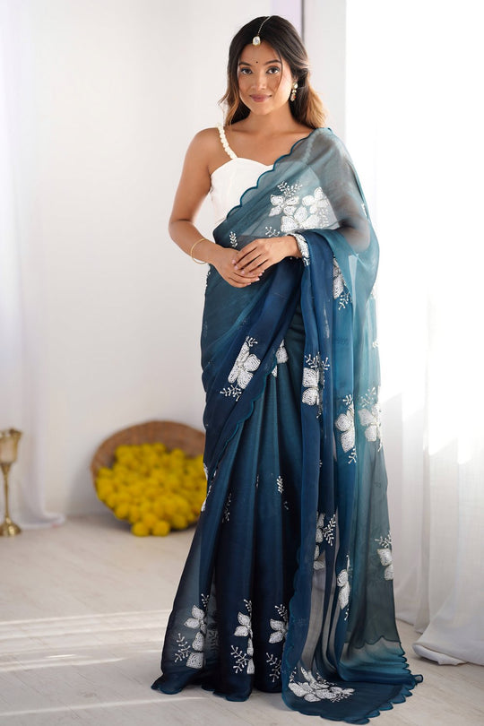 Diana Blue Chiffon saree with Floral Work Ready to Wear One Minute Saree