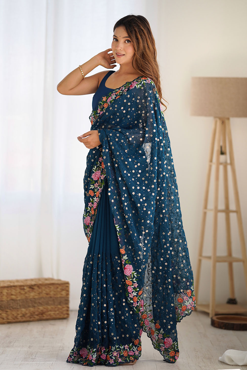 Isabella Teal Blue Georgette with Sequins & Floral Work One Minute Saree