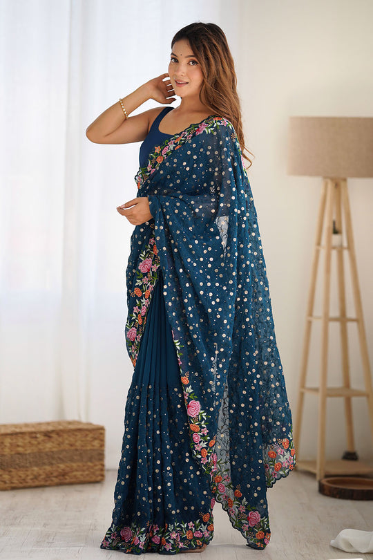 Isabella Teal Blue Georgette with Sequins & Floral Work One Minute Saree