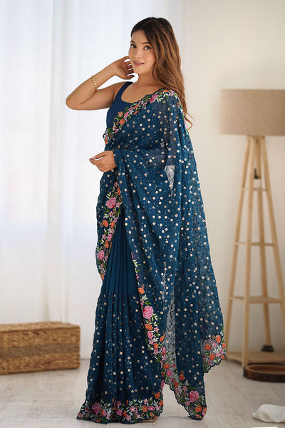 Isabella Teal Blue Georgette with Sequins & Floral Work One Minute Saree