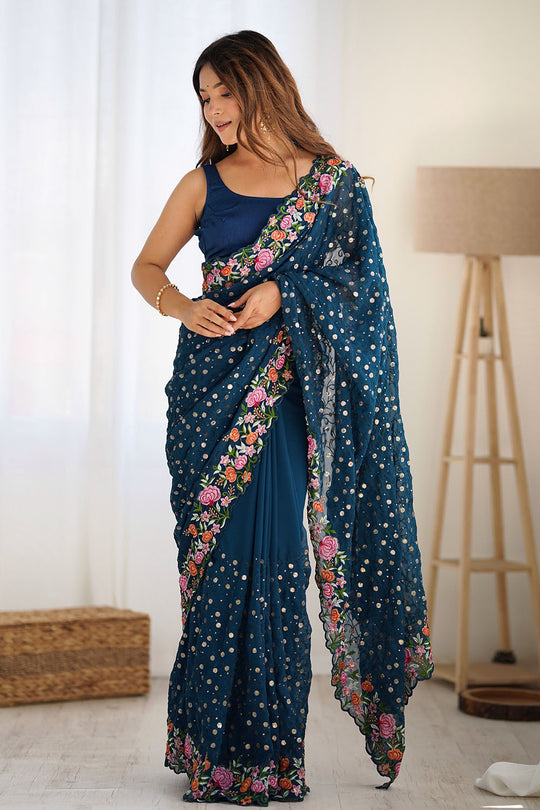 Isabella Teal Blue Georgette with Sequins & Floral Work One Minute Saree