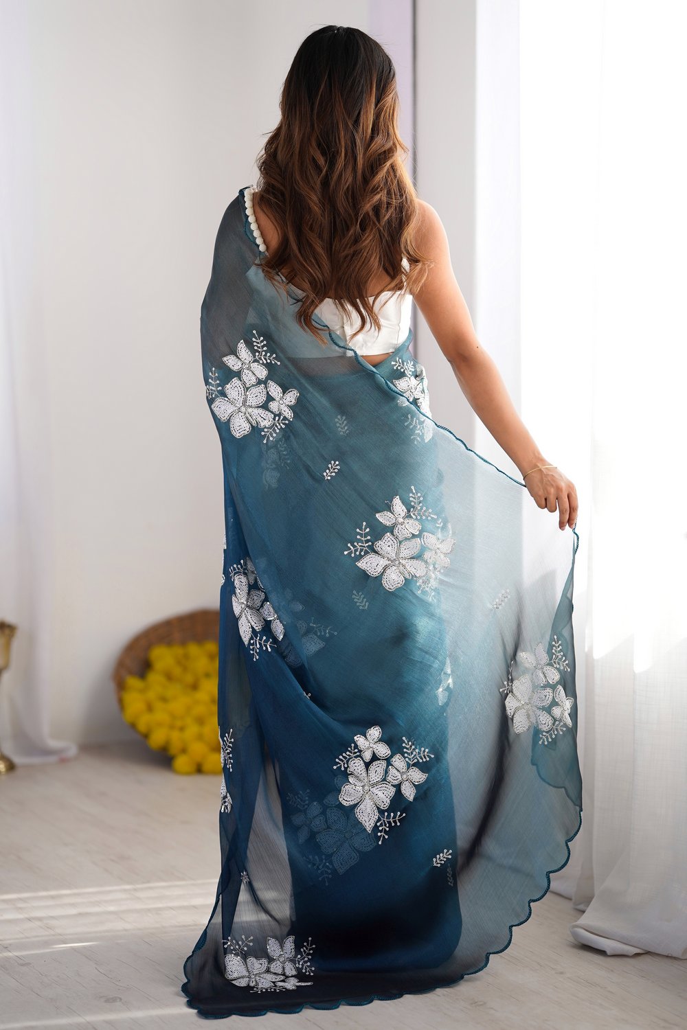 Diana Blue Chiffon saree with Floral Work Ready to Wear One Minute Saree