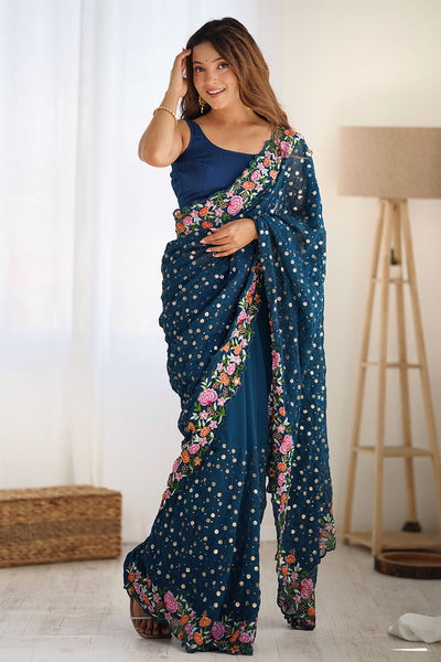 Isabella Teal Blue Georgette with Sequins & Floral Work One Minute Saree