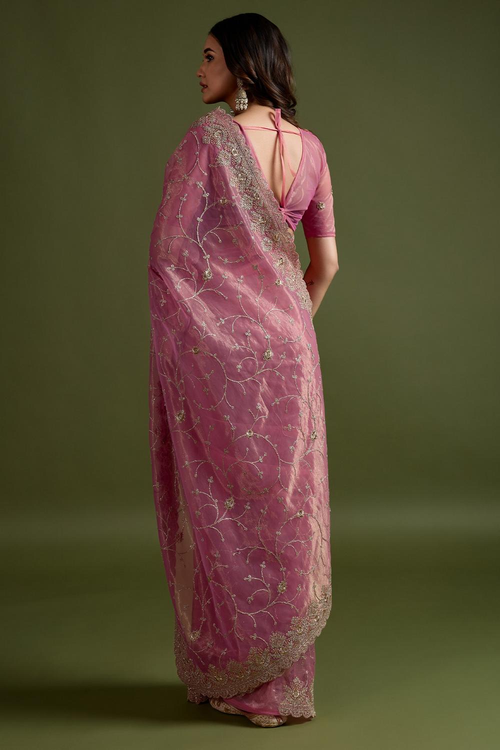 Rani Pink Net Embroidered Ready to Wear Saree