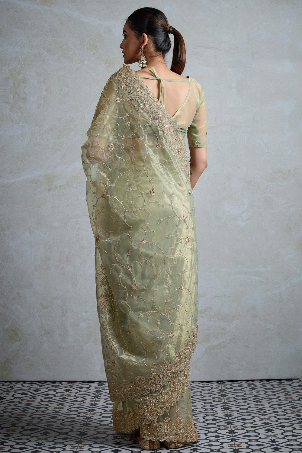 Rani Olive Net Embroidered Ready to Wear Saree