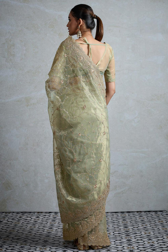 Rani Olive Net Embroidered Ready to Wear Saree