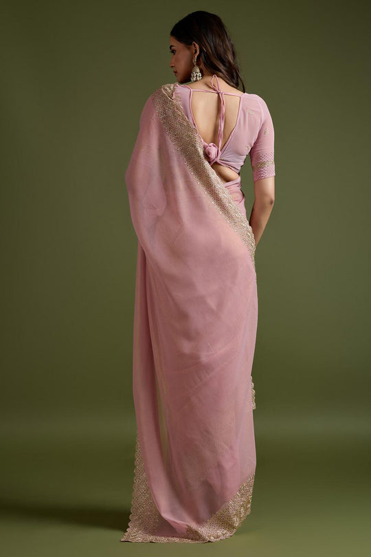 Mala Peach Georgette Embroidered Ready to Wear Saree