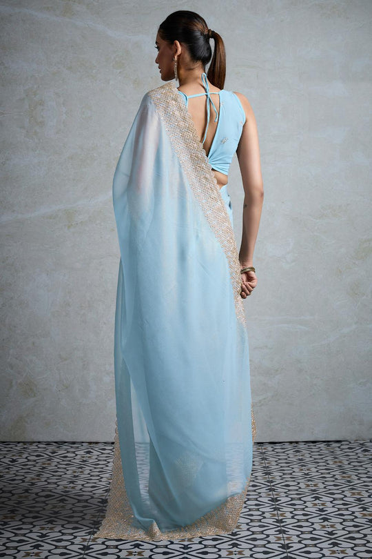 Mala Light Blue Georgette Embroidered Ready to Wear Saree