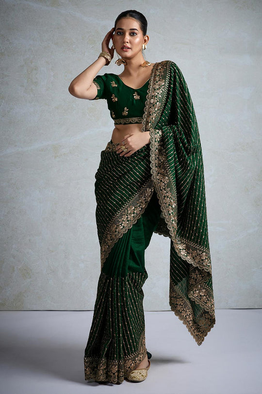 Rory Bottle Green Vichitra Silk Zari Border Ready to Wear Saree