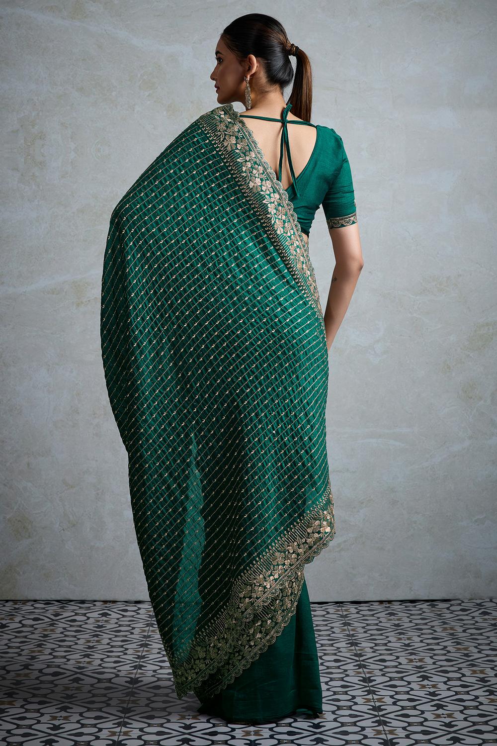 Rory Teal Green Vichitra Silk Zari Border Ready to Wear Saree