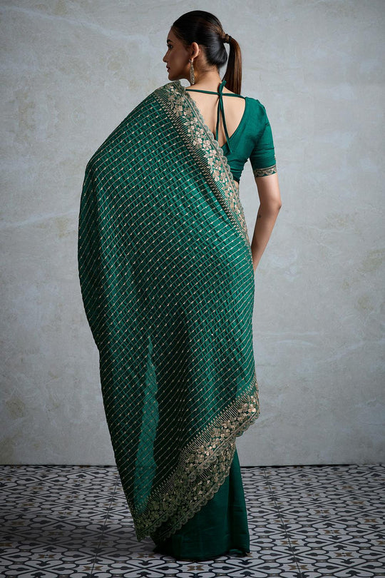 Rory Teal Green Vichitra Silk Zari Border Ready to Wear Saree
