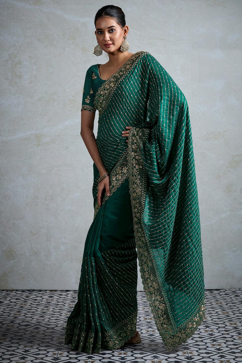 Rory Teal Green Vichitra Silk Zari Border Ready to Wear Saree