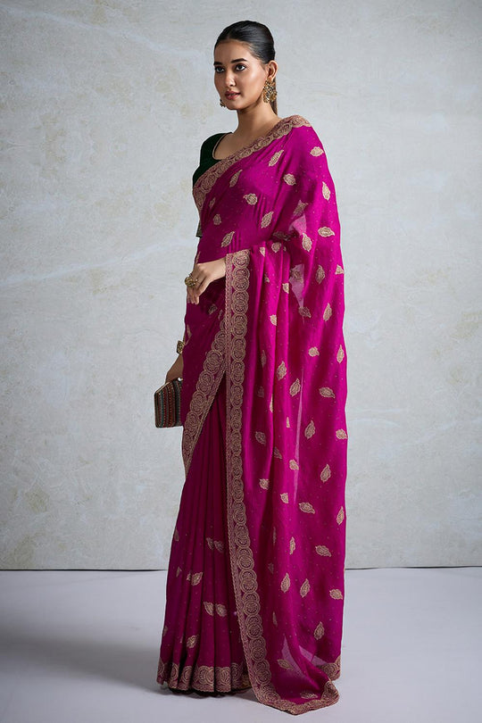 Rory Pink Vichitra Silk Zari Motif Border Ready to Wear Saree
