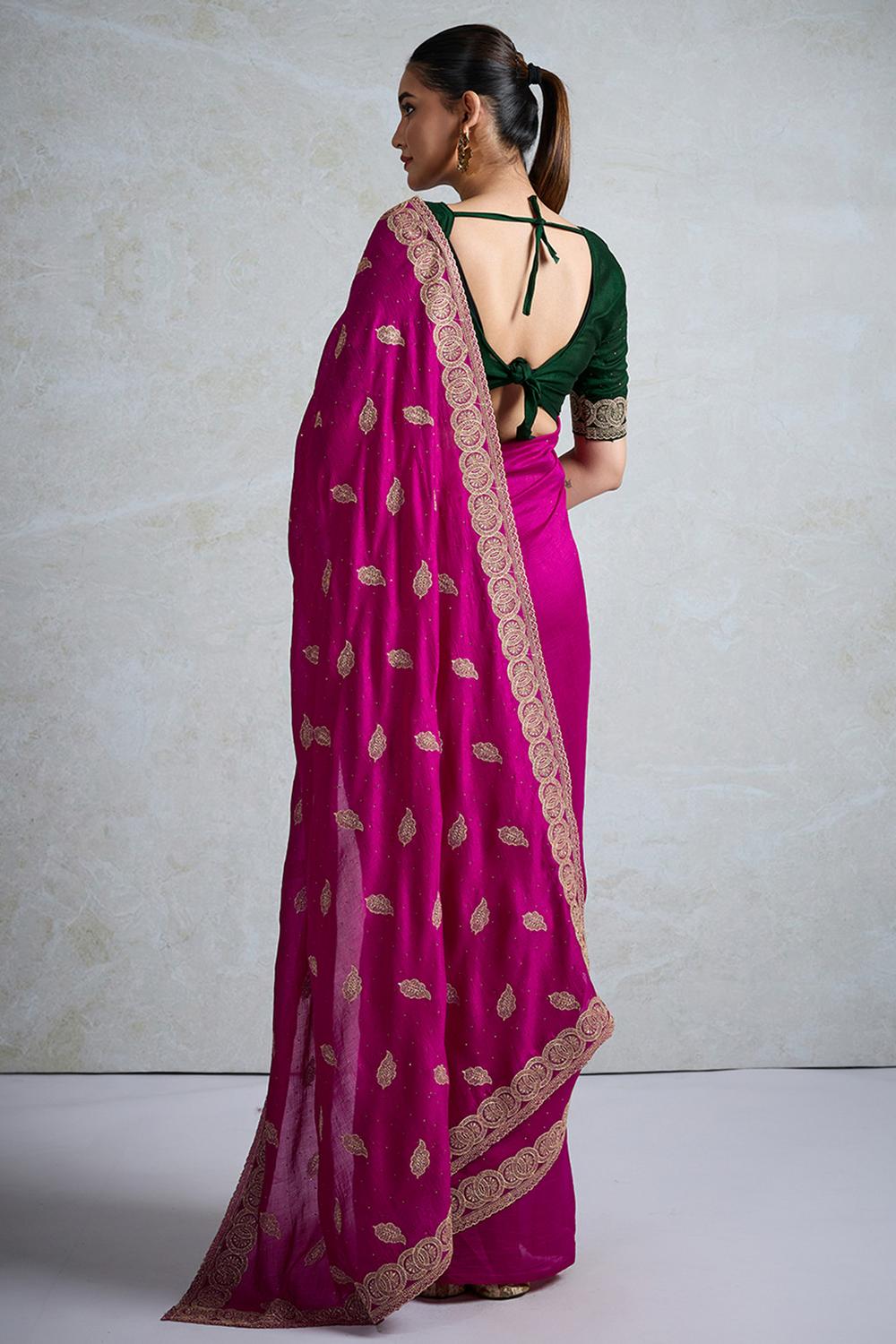 Rory Pink Vichitra Silk Zari Motif Border Ready to Wear Saree