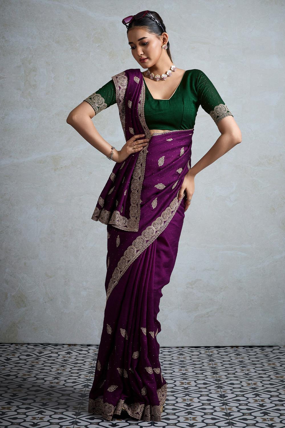 Rory Purple Vichitra Silk Zari Motif Border Ready to Wear Saree