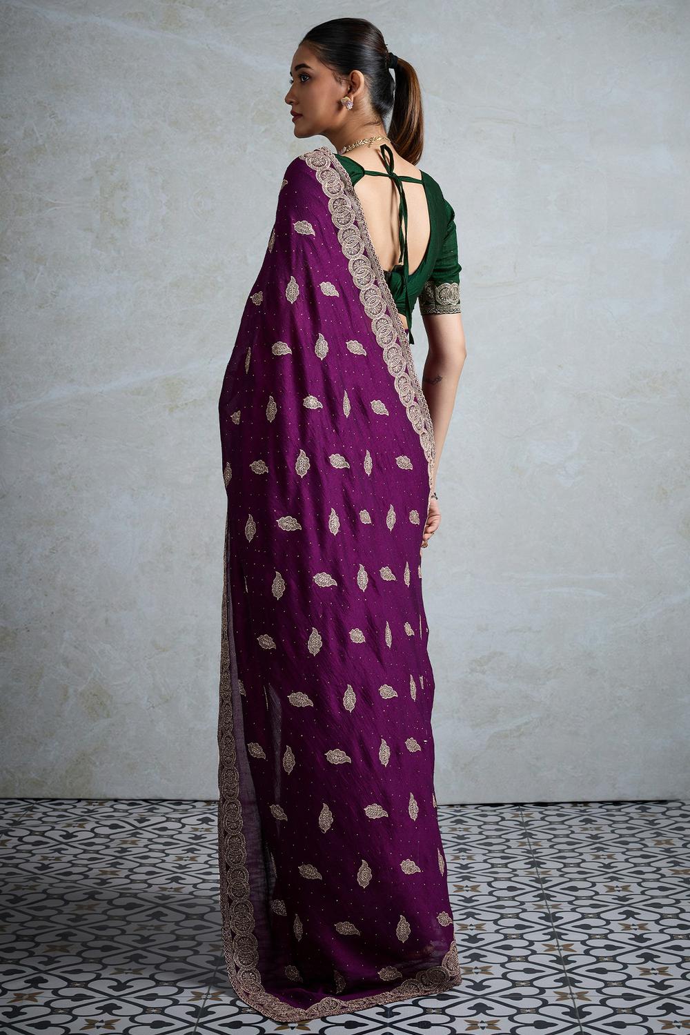 Rory Purple Vichitra Silk Zari Motif Border Ready to Wear Saree