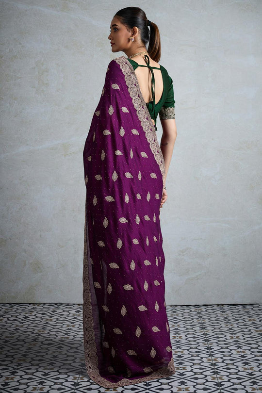 Rory Purple Vichitra Silk Zari Motif Border Ready to Wear Saree