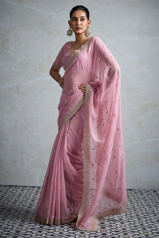 Taylor Pink Georgette Zari Embroidered Ready to Wear Saree