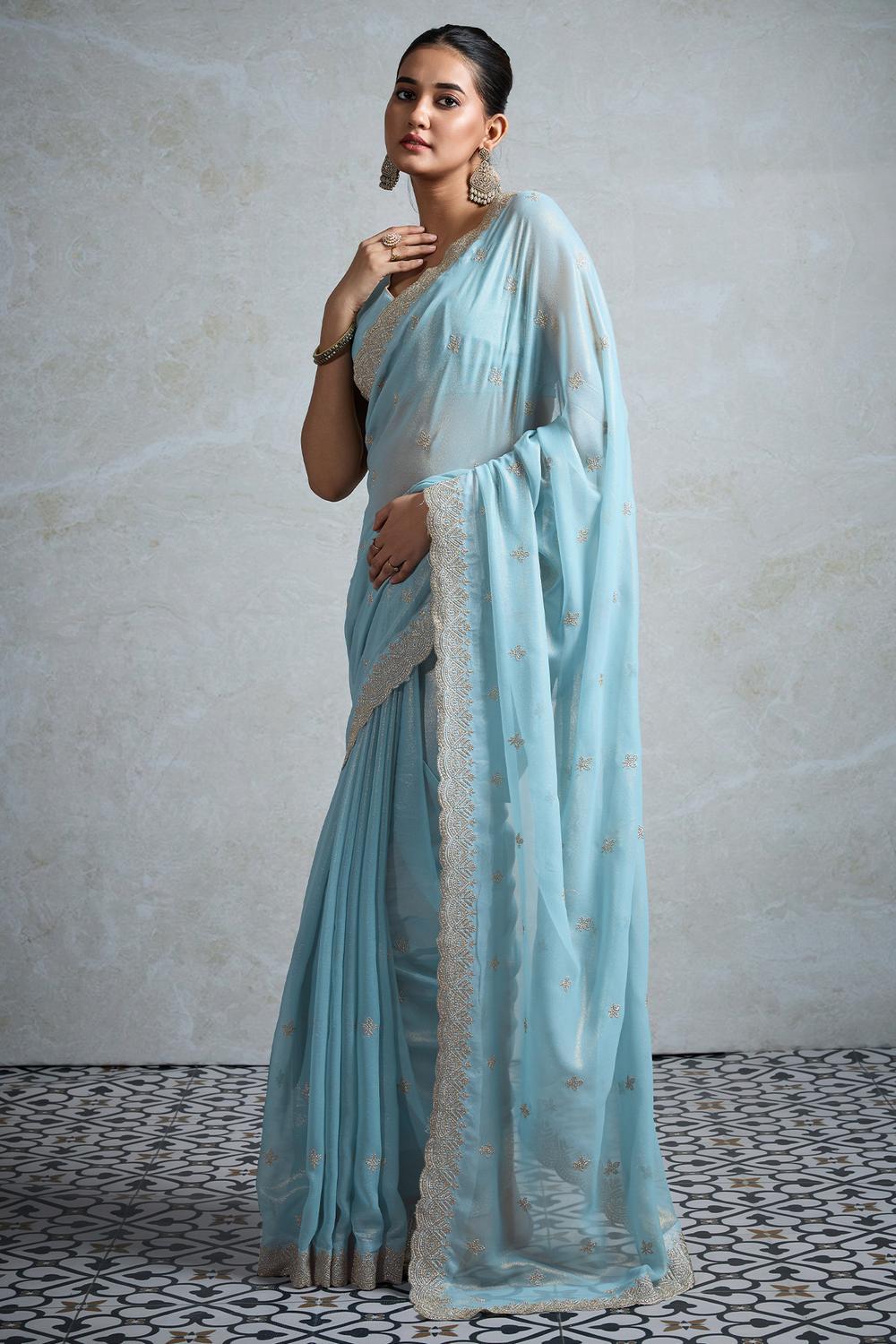 Taylor Light Blue Georgette Zari Embroidered Ready to Wear Saree