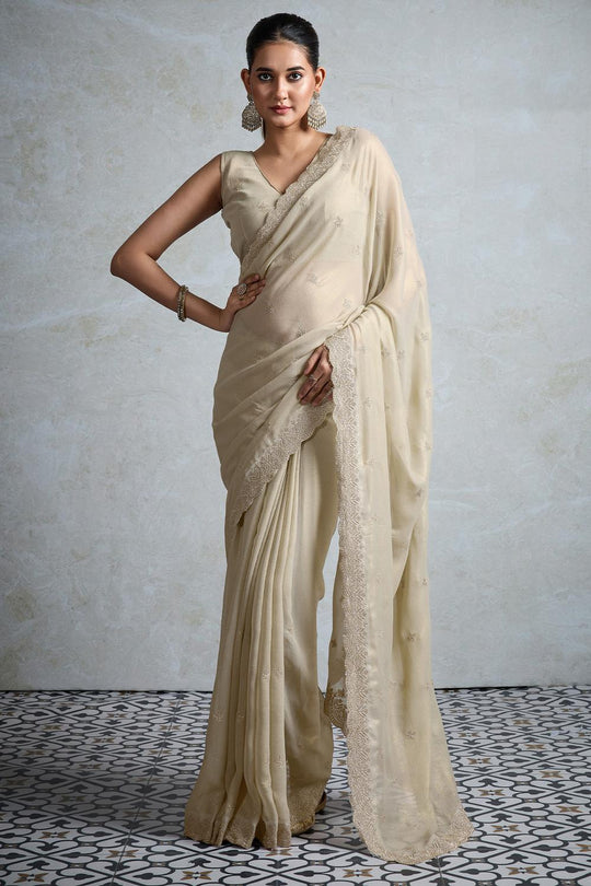 Taylor Beige Georgette Zari Embroidered Ready to Wear Saree