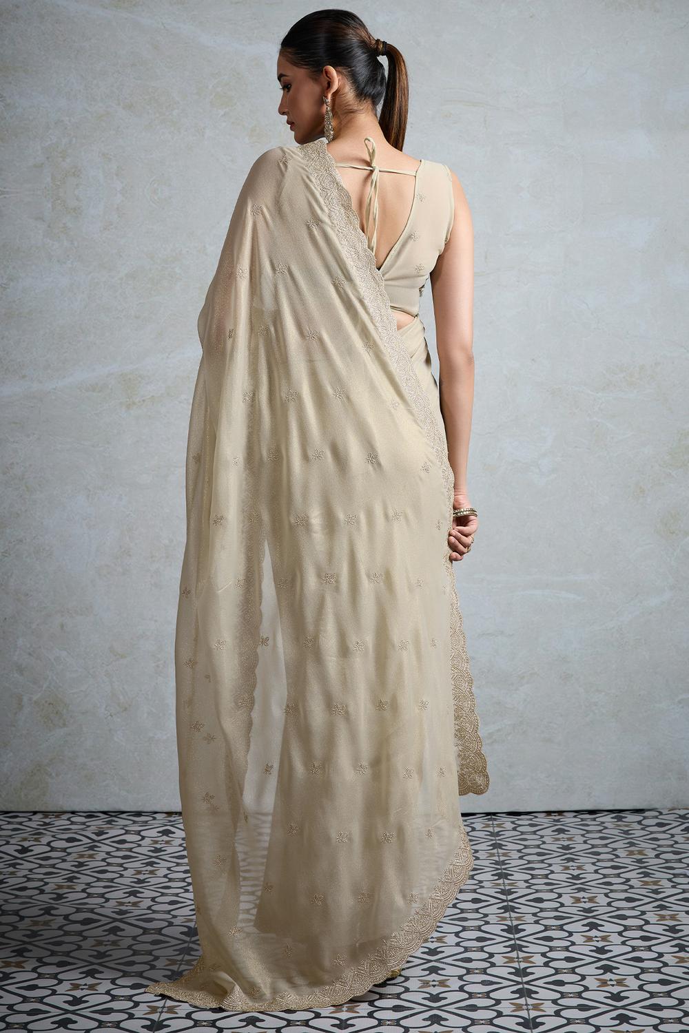 Taylor Beige Georgette Zari Embroidered Ready to Wear Saree