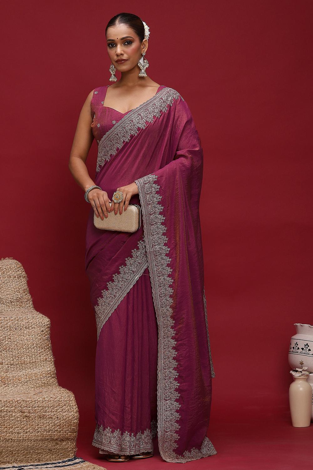 Brina Pink Silk Blend Embroidered Ready to Wear Saree