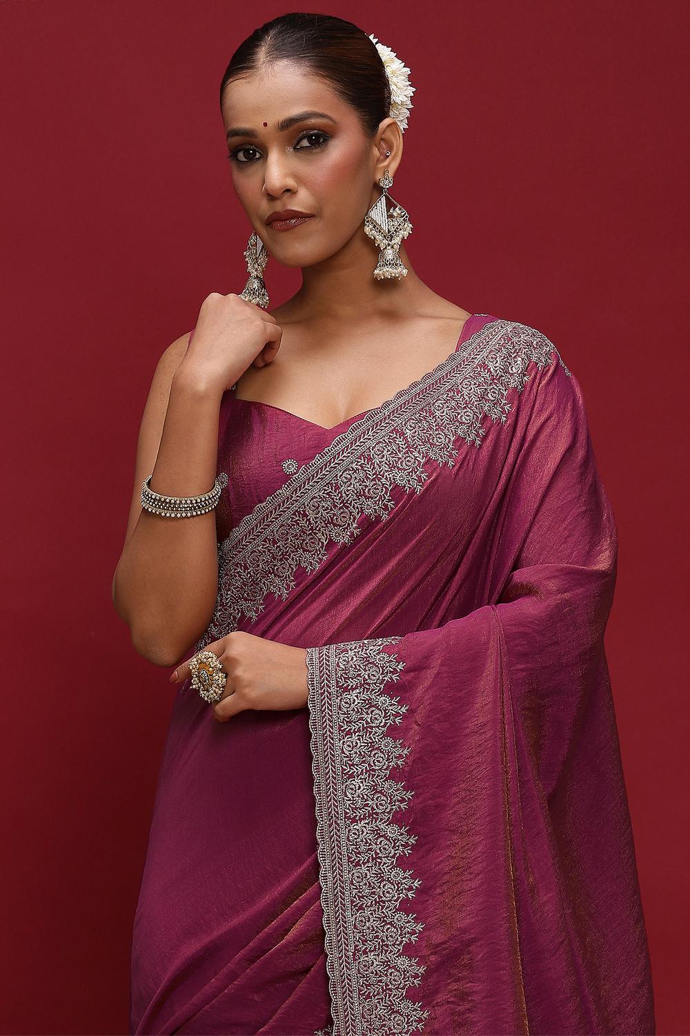 Brina Pink Silk Blend Embroidered Ready to Wear Saree