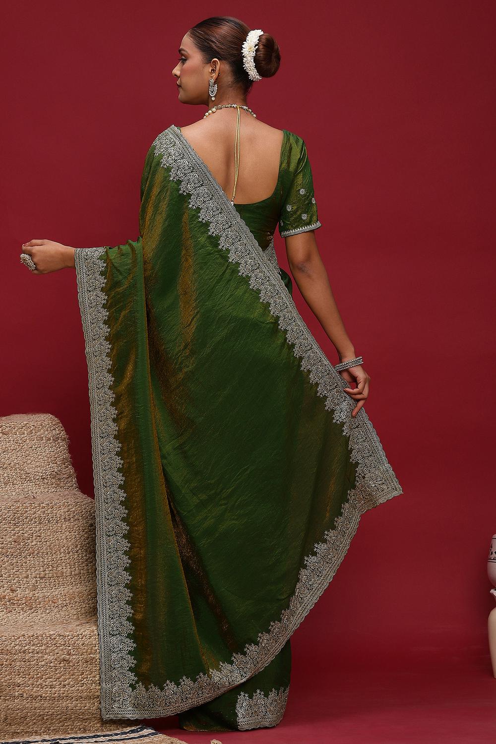 Brina Green Silk Blend Embroidered Ready to Wear Saree