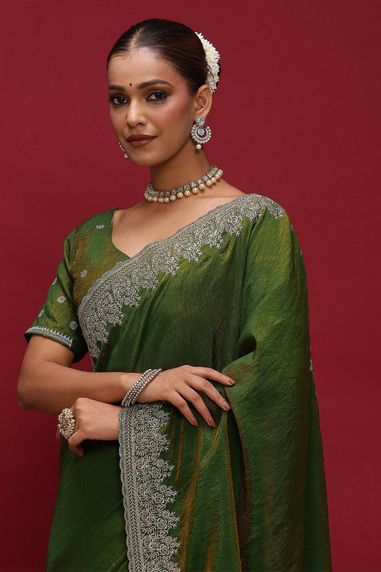 Brina Green Silk Blend Embroidered Ready to Wear Saree