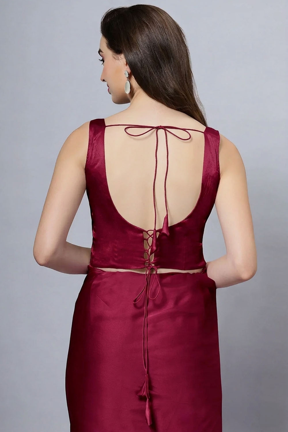 Reema Magenta Satin Comfort Stretch Deep U Adjustable Tie Back Blouse