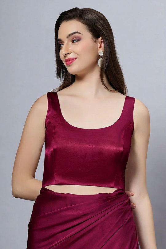 Reema Magenta Satin Comfort Stretch Deep U Adjustable Tie Back Blouse