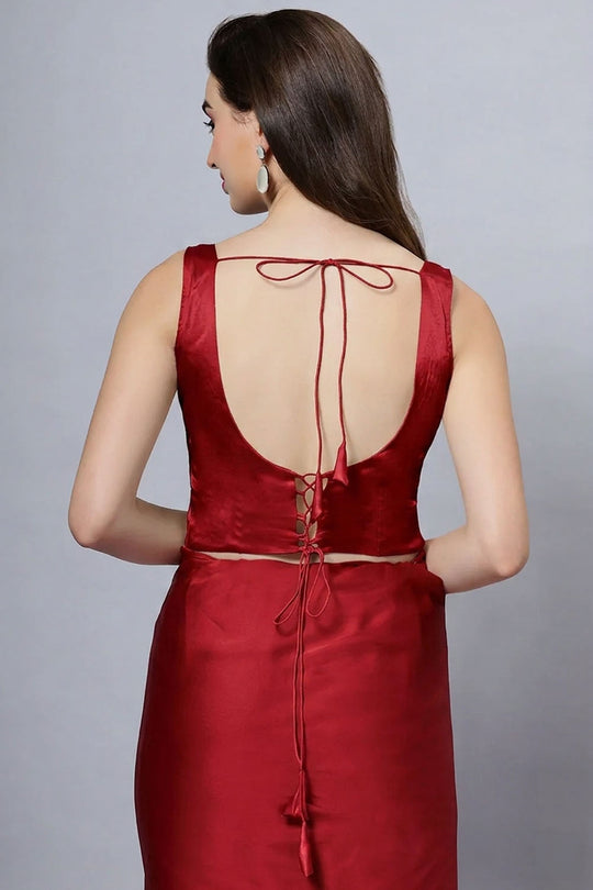 Reema Red Satin Comfort Stretch  Deep U Adjustable Tie Back Blouse