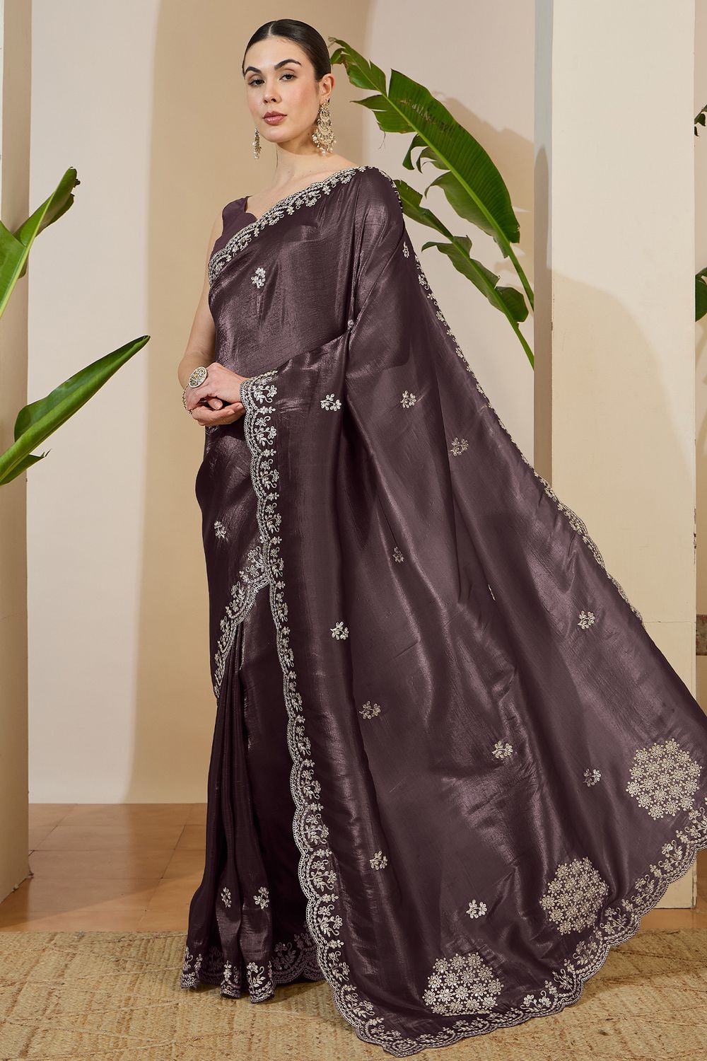 Milli Brown Tissue Zari Embroidered Ready to Wear Saree