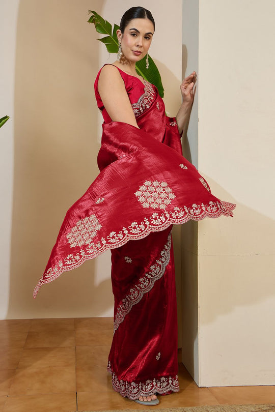 Milli Red Tissue Zari Embroidered Ready to Wear Saree